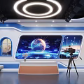 Modern Studio Interior With Blue White Decor Large Display Screens Showing Earth And Starry Sky