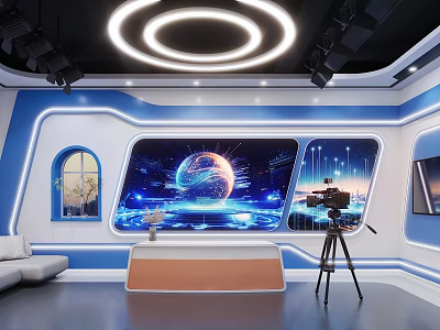 Modern Studio Interior With Blue White Decor Large Display Screens Showing Earth And Starry Sky 3d model