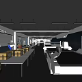 Modern Industrial Workshop Interior With Tables Cardboard Boxes Machinery And Strip Lights