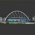 3D Model of Modern Stadium With Urban City Buildings And Green Spaces