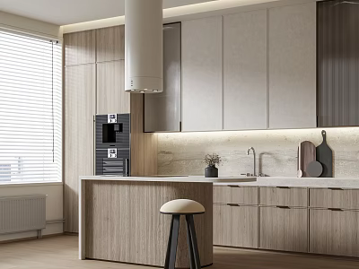 Modern Kitchen Cabinets With Light Wood Finish And Island Counter Design 3d model