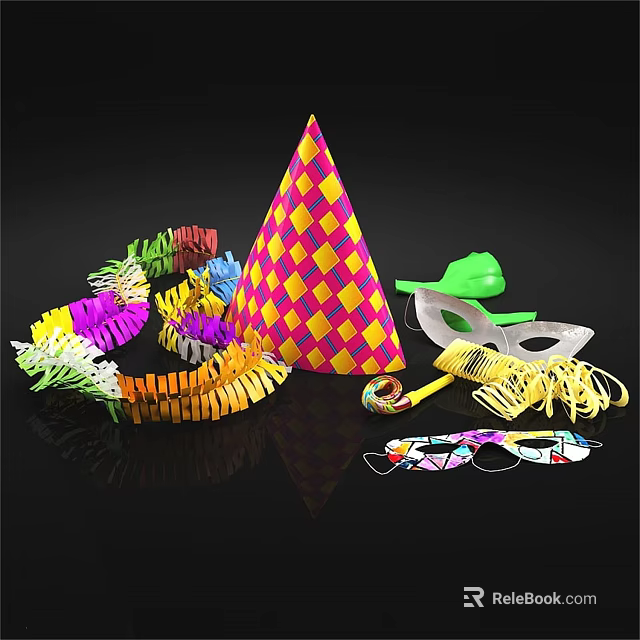 Vibrant Festive Party Supplies With Colorful Hats Masks And Paper Streamers 3d model 