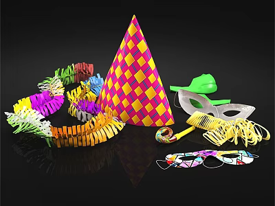 Vibrant Festive Party Supplies With Colorful Hats Masks And Paper Streamers 3d model