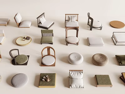 Assorted Chairs And Cushions In Diverse Styles Featuring Wood Fabric Rattan Designs 3d model