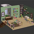 Miniature Room Model Interior With Green Walls Furniture Staircase Bookshelf And Decorative Plants