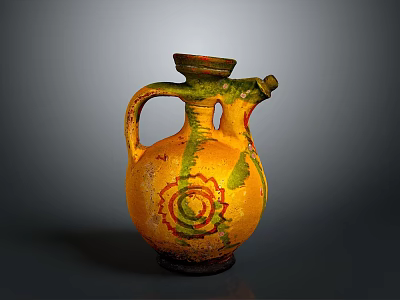 Handcrafted Ceramic Sculpture Carving With Yellow Green Glaze Spiral Patterns Handle And Spout 3d model