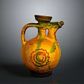 Handcrafted Ceramic Sculpture Carving With Yellow Green Glaze Spiral Patterns Handle And Spout