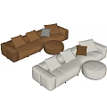 Brown Leather And Light Gray Fabric Two Person Sofas With Pillows And Ottoman