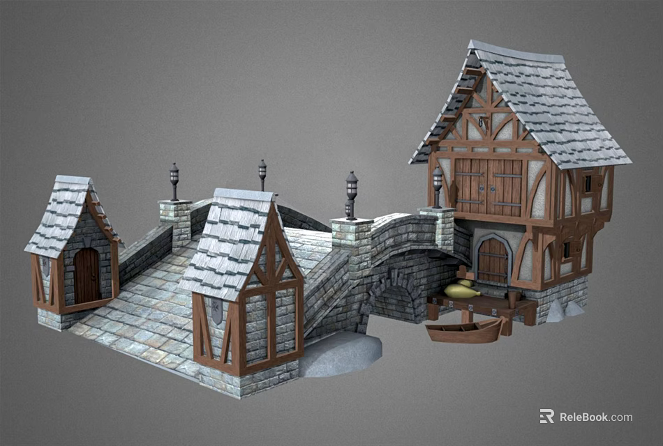 Ancient Architecture with Stone Bridge Gabled Roofs Wooden Framed Cottages Stone Steps and Arched Doors 3d model 