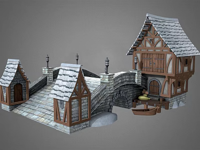 Ancient Architecture with Stone Bridge Gabled Roofs Wooden Framed Cottages Stone Steps and Arched Doors 3d model