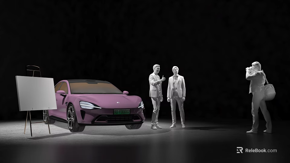 Purple Sleek Sports Car On Display With People Discussing And Drawing Board 3d model 