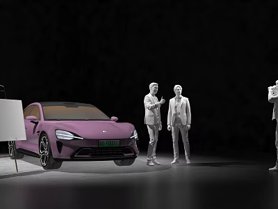 Purple Sleek Sports Car On Display With People Discussing And Drawing Board 3d model