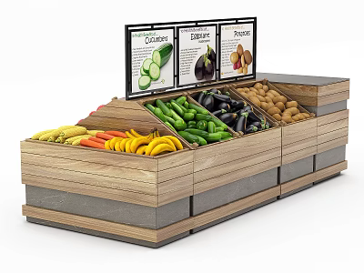 Wooden Grocery Display Shelves with Fresh Fruits Vegetables and Product Signage 3d model