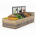 Wooden Grocery Display Shelves with Fresh Fruits Vegetables and Product Signage