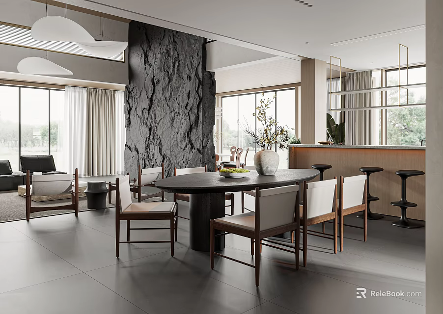 Modern Restaurant With Large Windows Natural Light Dining Table Chairs And Black Stone Wall 3d model 