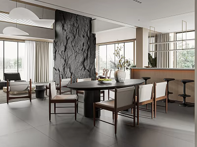 Modern Restaurant With Large Windows Natural Light Dining Table Chairs And Black Stone Wall 3d model