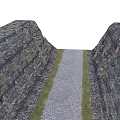 Rugged Stone Wall Flanked Terrain With Central Gravel Path And Grass Borders