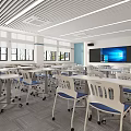School Classroom Interior With Blue Walls White Desks Wheeled Chairs And Whiteboards