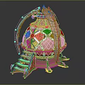 Ornate Egg Shaped Decorative Artifact With Gold Accents Pink Geometric Patterns And Intricate Metal Stand