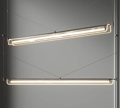 Modern Minimalist Long Linear White Pendant Lights With LED Strips Hanging On Gray Wall 3d model