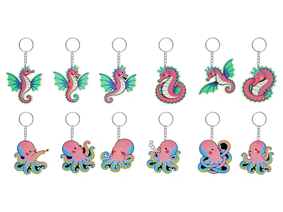 Colorful Seahorse And Octopus Themed Keychain Decorative Hanging Accessories For Bag Or Keys 3d model