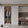 Modern Walk in Closet Interior With White Cabinets Glass Doors Hanging Clothes And Warm Lighting