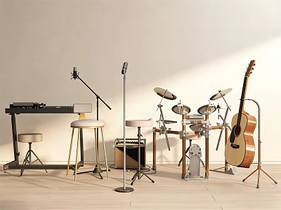 Musical Instruments And Art Supplies Setup With Keyboard Drum Set Guitar And Microphones 3d model