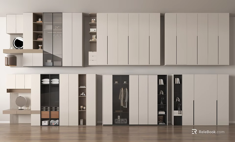 Elegant Modern Wardrobe Interior Design With White Glass Doors And Layered Storage Compartments 3d model 