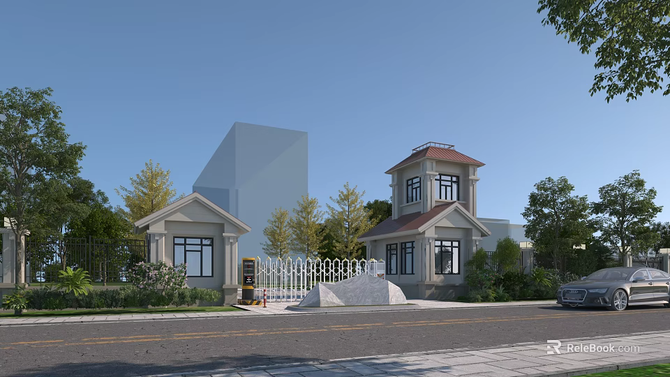 European Style Entrance Gate With Tower White Fence Green Plants And Driveway 3d model 