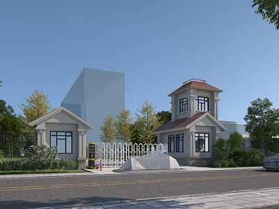 European Style Entrance Gate With Tower White Fence Green Plants And Driveway 3d model