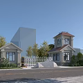 European Style Entrance Gate With Tower White Fence Green Plants And Driveway