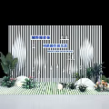 Photo Spot With Black White Striped Backdrop Blue Text Green Plants White Stones And Flowers