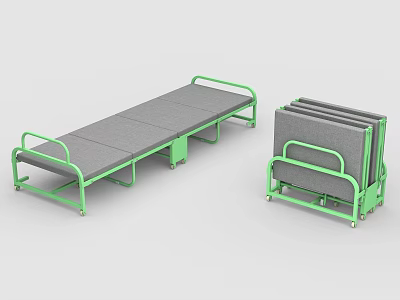 Folding Bed With Green Frame And Gray Mattress In Folded Unfolded States 3d model