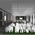 Modern Sales Office Interior With Crystal Chandelier Model Display Platform And Marble Floor