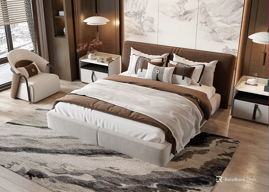 Modern Bedroom Interior With Double Bed Decorative Paintings Nightstands Table Lamps Armchair And Rug 3d model 