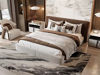 New Chinese Style Double Bedside Table Bedding Bed Pillow Table Lamp Stool Carpet 3d model