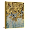 Abstract Painting Triptych With Gold Leaf Patterns And Blue Textured Background 3d model