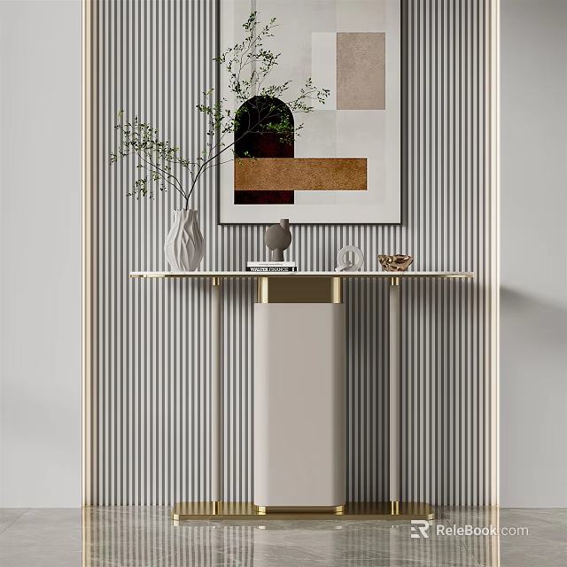 Modern Console Table With Vase Green Plant And Decorative Painting On Striped Wall 3d model 