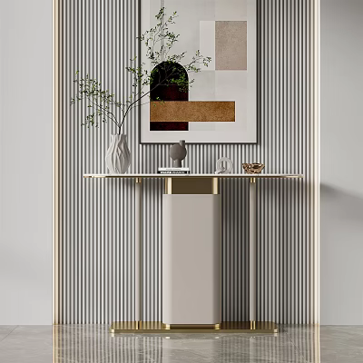 Modern Console Table With Vase Green Plant And Decorative Painting On Striped Wall 3d model