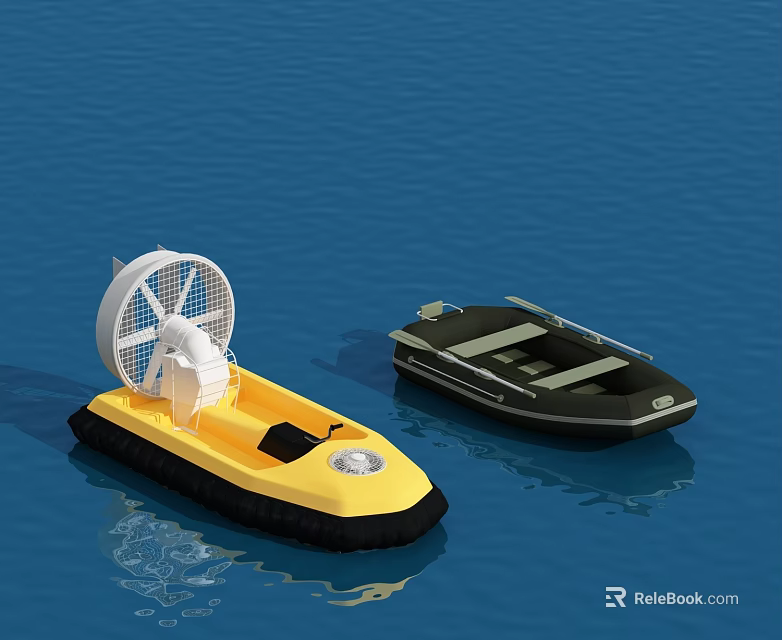Two Different Boats Including Yellow Fan Powered Boat And Black Small Boat On Blue Water 3d model 