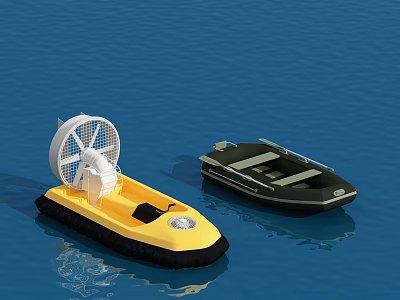 Two Different Boats Including Yellow Fan Powered Boat And Black Small Boat On Blue Water 3d model