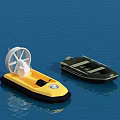 Two Different Boats Including Yellow Fan Powered Boat And Black Small Boat On Blue Water