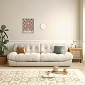 Beige Double Sofa With Brown Green Throw Pillows Wall Art Clock Plant And Side Table