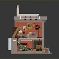 Miniature House Landscape with Red Walls Brown Roof Staircase and Detailed Interior