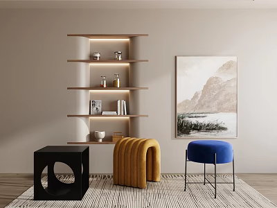 Yellow Curved Sofa Stool in Modern Interior with Wooden Shelf Landscape Painting and Rug 3d model