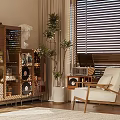 Modern Study Room Interior Design With Wooden Bookshelf Potted Plants Chair And Window Blinds