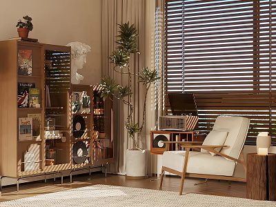 Modern Study Room Interior Design With Wooden Bookshelf Potted Plants Chair And Window Blinds 3d model
