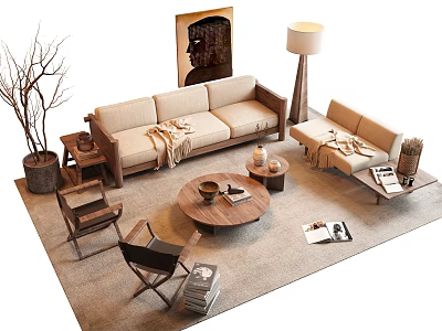 Sofa And Coffee Table Set With Floor Lamp Decorative Painting Side Table Rug And Magazines 3d model