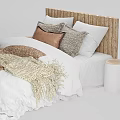 Natural Style Double Bed With Woven Headboard White Beige Bedding Soft Blanket And Decorative Pillows