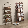 Curved Metal Frame And Wave Shaped Wooden Bookshelves With Books And Decorations In Modern Interior